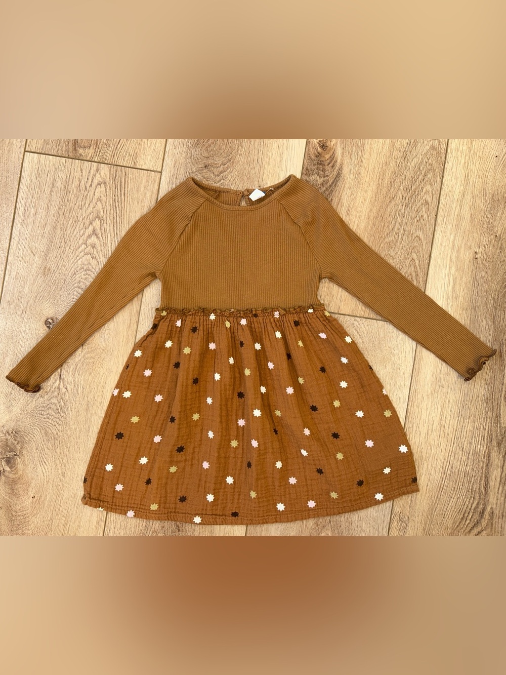 Old Navy Rust Long-Sleeve Play Dress with Multi-Color Star Print
